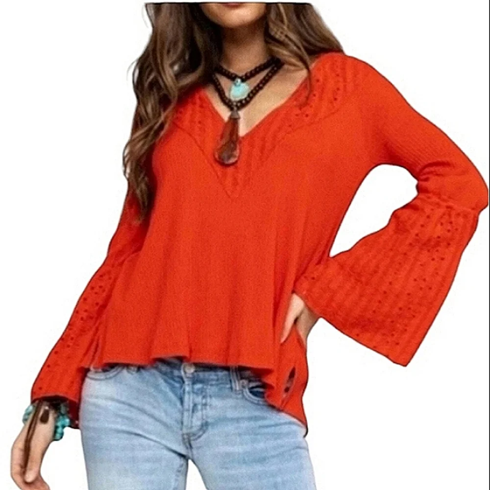 Free People Parisian Nights V-neck Waffle Knit Top Vermillion Red Size XS NWT